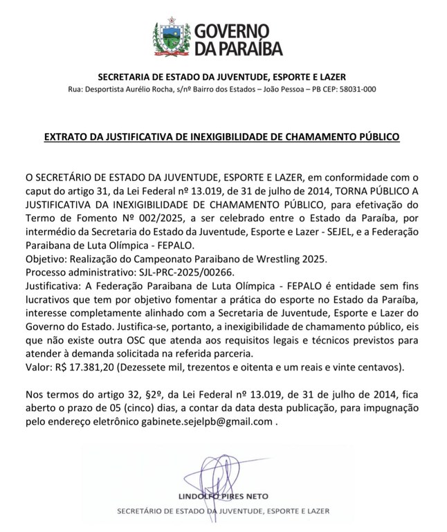 EXTRATO DA JUSTIFICATIVA DE INEXIGIBILIDADE DE CHAMAMENTO PÚBLICO - TERMO DE FOMENTO 0002/2025  - Campeonato Paraibano de Wrestling 2025.
