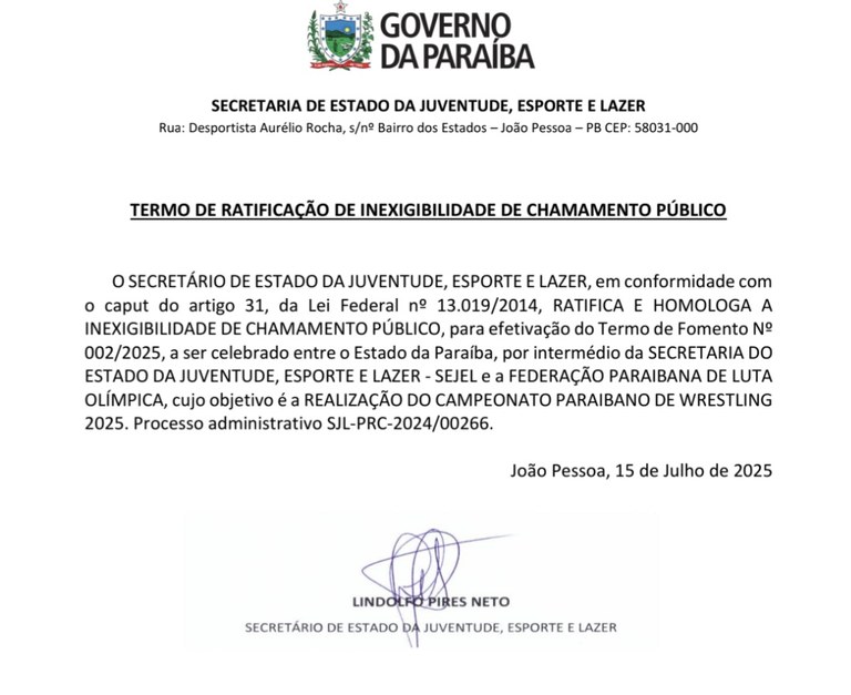 TERMO DE RATIFICAÇÃO DE INEXIGIBILIDADE DE CHAMAMENTO PÚBLICO - CAMPEONATO PARAIBANO DE WRESTLING 2025