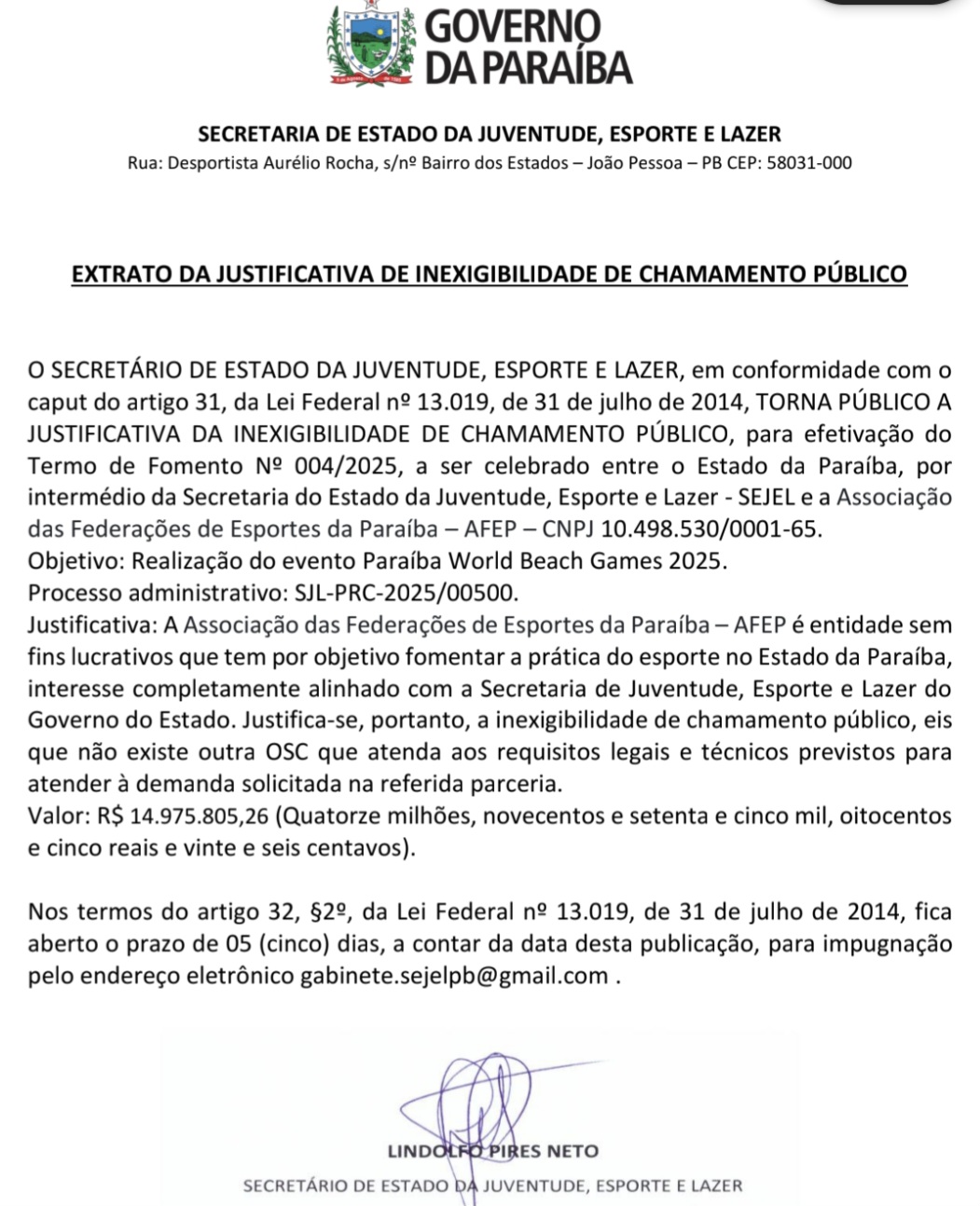 EXTRATO DA JUSTIFICATIVA DE INEXIGIBILIDADE DE CHAMAMENTO PÚBLICO - Paraíba World Beach Games 2025