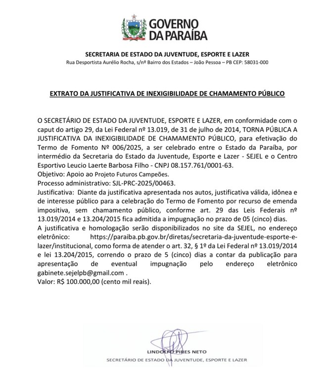 EXTRATO DA JUSTIFICATIVA DE INEXIGIBILIDADE DE CHAMAMENTO PÚBLICO - Apoio ao Projeto Futuros Campeões