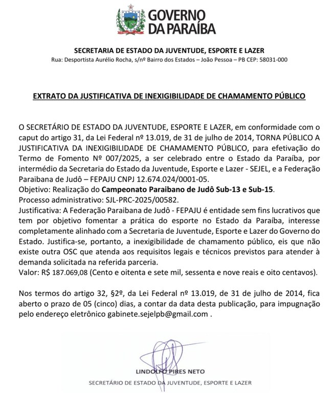EXTRATO DA JUSTIFICATIVA DE INEXIGIBILIDADE DE CHAMAMENTO PÚBLICO - Campeonato Paraibano de Judô Sub-13 e Sub-15