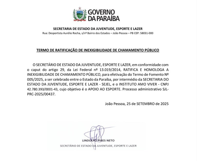 TERMO DE RATIFICAÇÃO DE INEXIGIBILIDADE DE CHAMAMENTO PÚBLICO INSTITUTO AMO VIVER