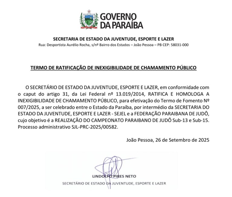 TERMO DE RATIFICAÇÃO DE INEXIGIBILIDADE DE CHAMAMENTO PÚBLICO Campeonato Paraibano de Judô Sub-13 e Sub-15
