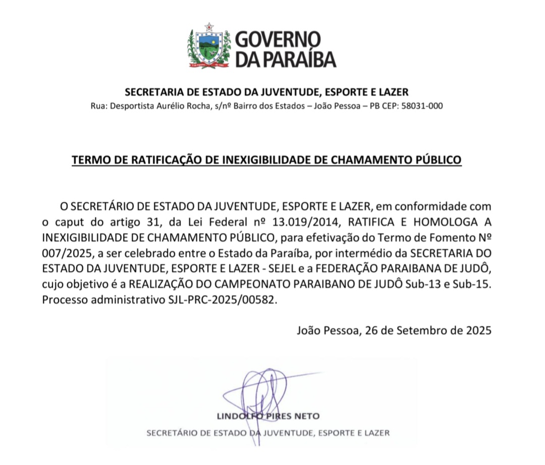 TERMO DE RATIFICAÇÃO DE INEXIGIBILIDADE DE CHAMAMENTO PÚBLICO Campeonato Paraibano de Judô Sub-13 e Sub-15