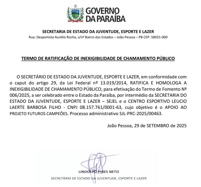 TERMO DE RATIFICAÇÃO DE INEXIGIBILIDADE DE CHAMAMENTO PÚBLICO - APOIO AO PROJETO FUTUROS CAMPEÕES