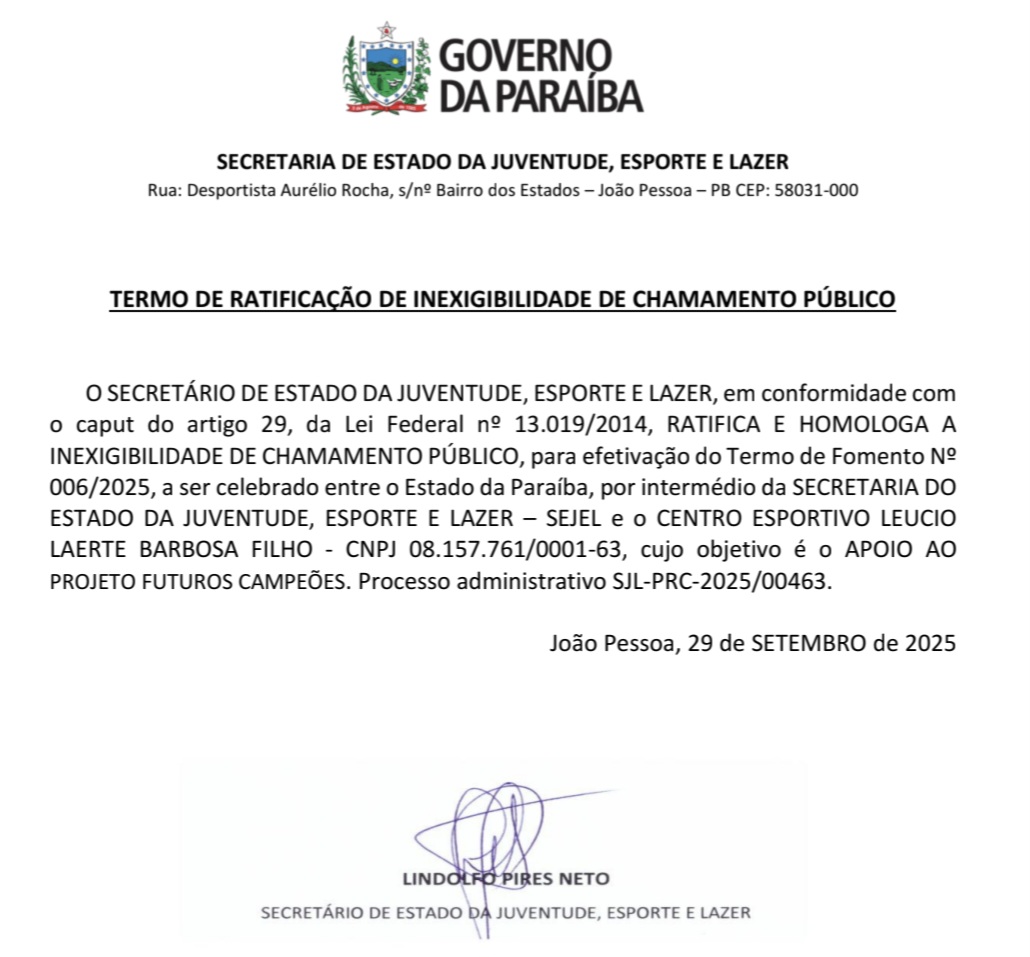 TERMO DE RATIFICAÇÃO DE INEXIGIBILIDADE DE CHAMAMENTO PÚBLICO - APOIO AO PROJETO FUTUROS CAMPEÕES