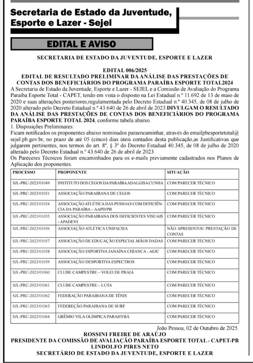 Edital 006/2025 - Paraíba Esporte Total