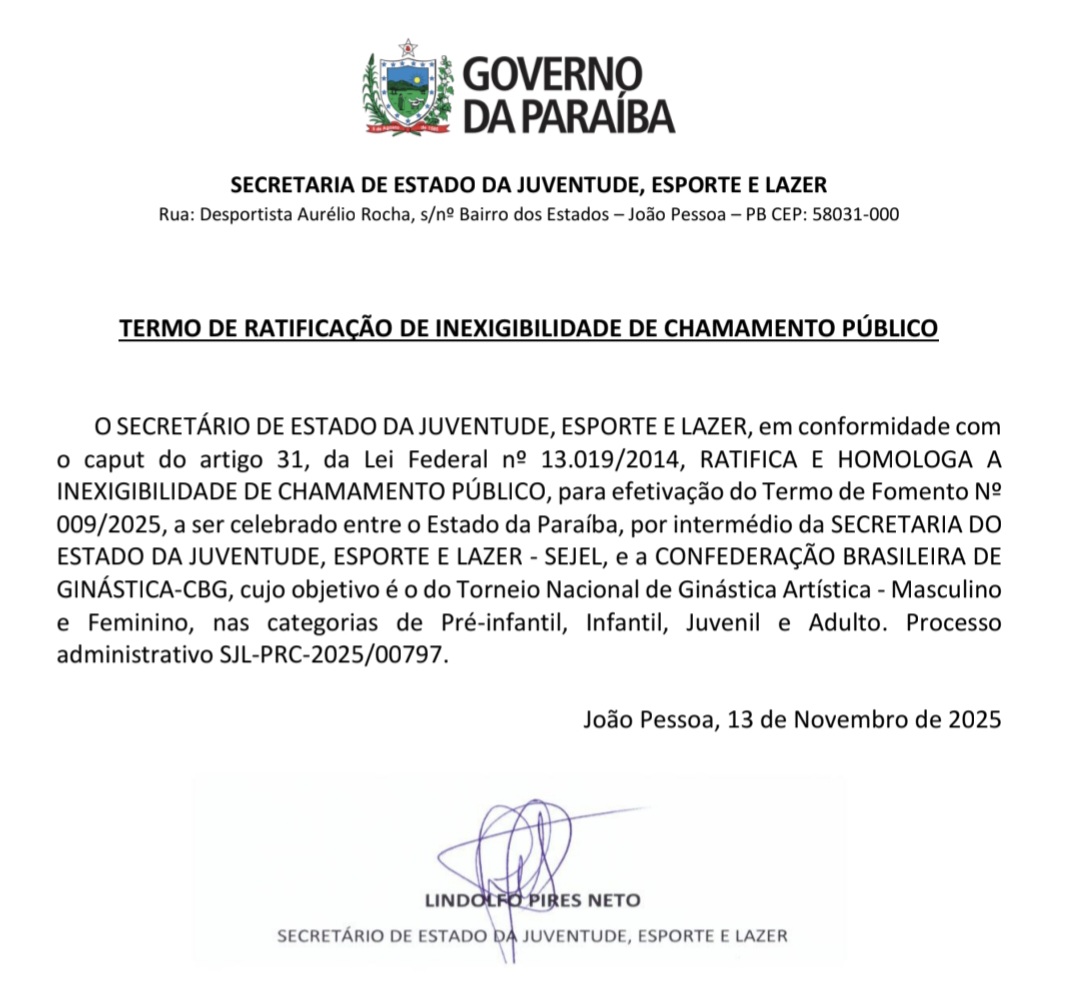 TERMO DE RATIFICAÇÃO DE INEXIGIBILIDADE DE CHAMAMENTO PÚBLICO - Torneio Nacional de Ginástica Artística - Masculino e Feminino, nas categorias de Pré-infantil, Infantil, Juvenil e Adulto.