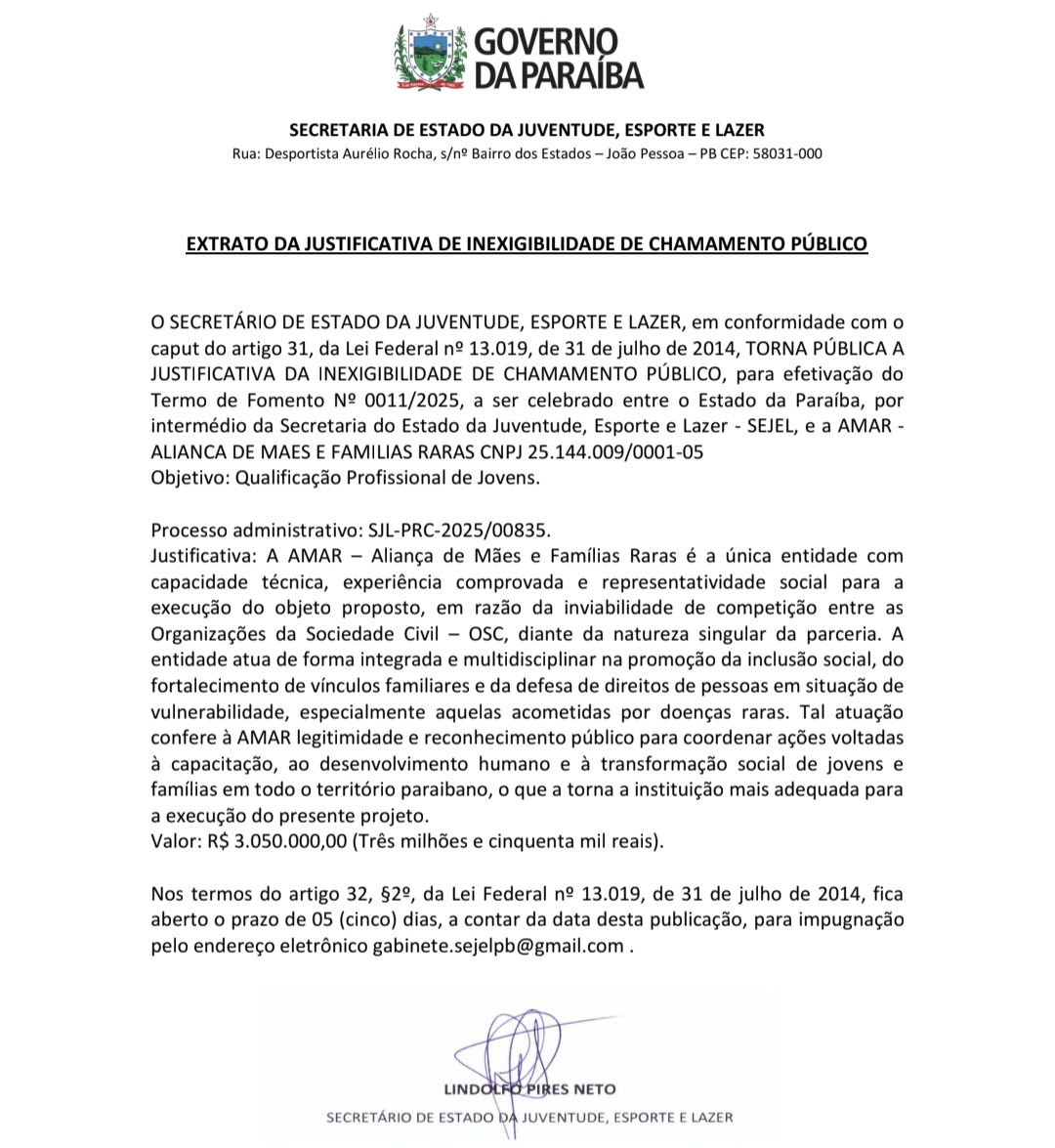 EXTRATO DA JUSTIFICATIVA DE INEXIGIBILIDADE DE CHAMAMENTO PÚBLICO Qualificação Profissional de Jovens AMAR – Aliança de Mães e Famílias Raras