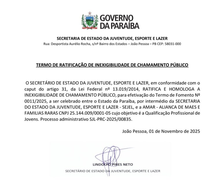 TERMO DE RATIFICAÇÃO DE INEXIGIBILIDADE DE CHAMAMENTO PÚBLICO -  AMAR - ALIANÇA DE MÃES E FAMÍLIAS RARAS CNPJ 25.144.009/0001-05