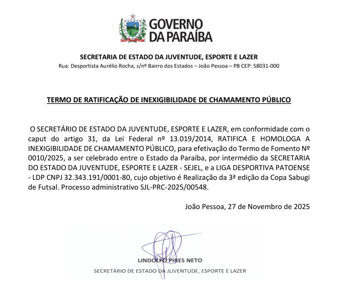 TERMO DE RATIFICAÇÃO DE INEXIGIBILIDADE DE CHAMAMENTO PÚBLICO -  3ª edição da Copa Sabugi de Futsal